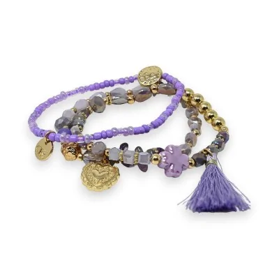 Pulseira de 3 peças com contas lilás e pompom combinando