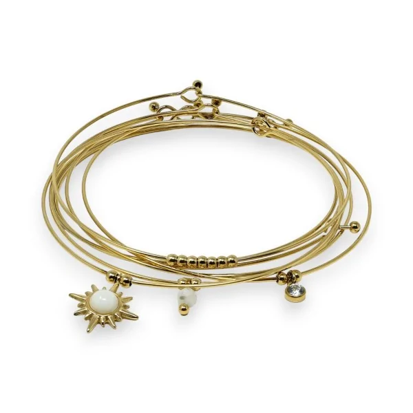Gold-plated steel bangle bracelet with 7 White Jade stone bracelets