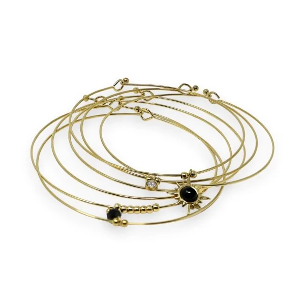 Bracelete rígido de aço dourado com 7 pulseiras de pedra Ágata Preta