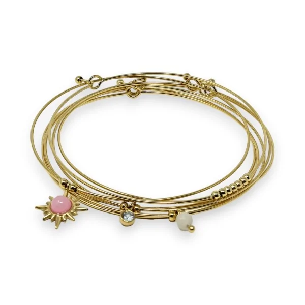 Bracciale rigido in acciaio dorato con 7 braccialetti in pietra di Quarzo Rosa