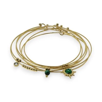 Bracelete rígido de aço dourado com 7 pulseiras de pedra Malaquita