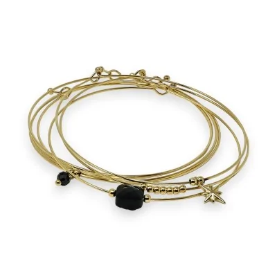 Bracelete rígido em aço dourado 7 pulseiras com pedra quadrada de Ágata Preta