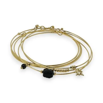 Brazalete de acero dorado con 7 pulseras de piedra cuadrada de Ágata Negra