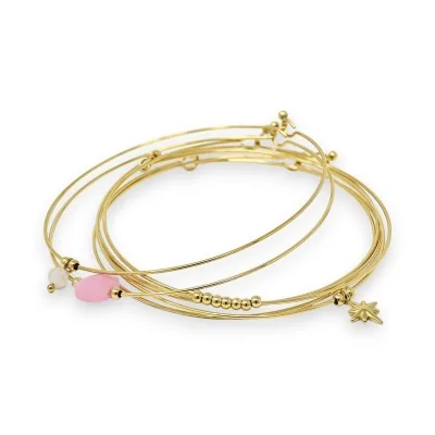Bracelete rígido de aço dourado 7 pulseiras pedra quadrada Quartzo Rosa
