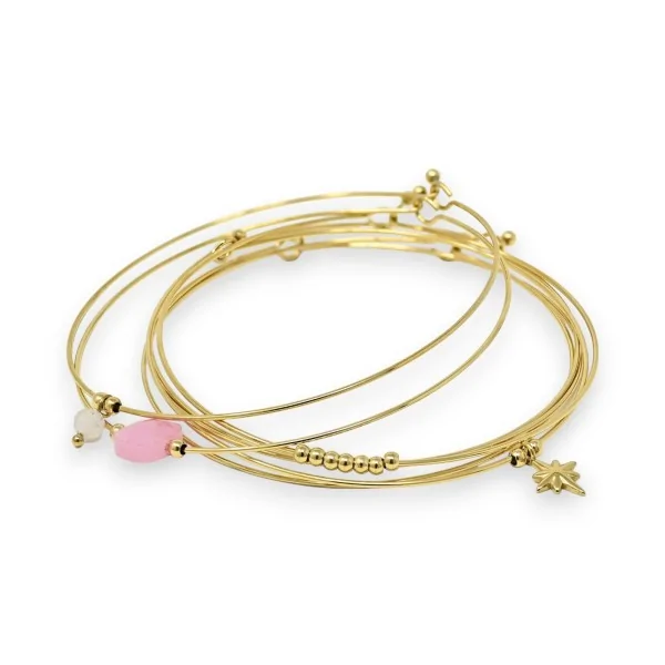 Gold-plated steel bangle bracelet set of 7 with square Rose Quartz stones