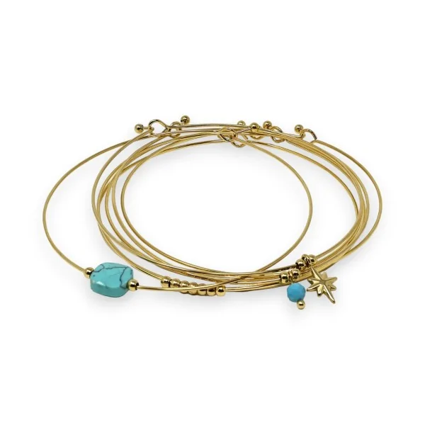 Gold-plated steel bangle bracelet set of 7 with square Turquoise stones