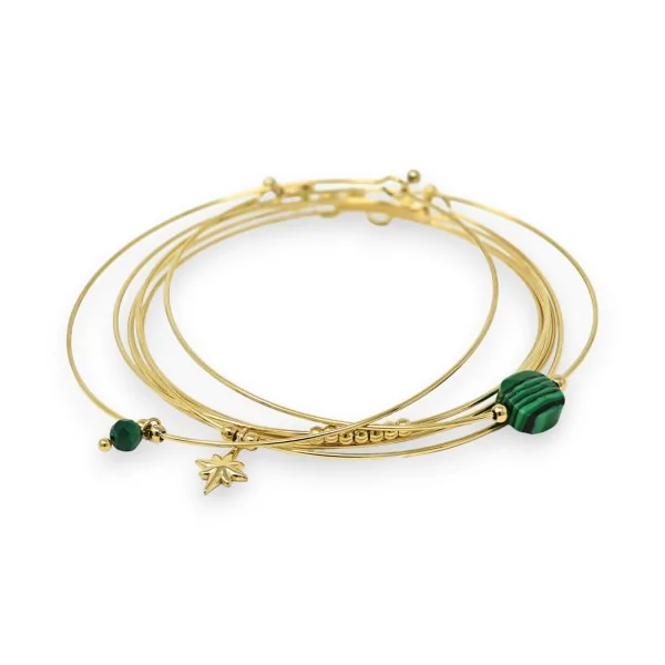 Pulsera rígida de acero dorado con 7 pulseras de piedra cuadrada Malaquita