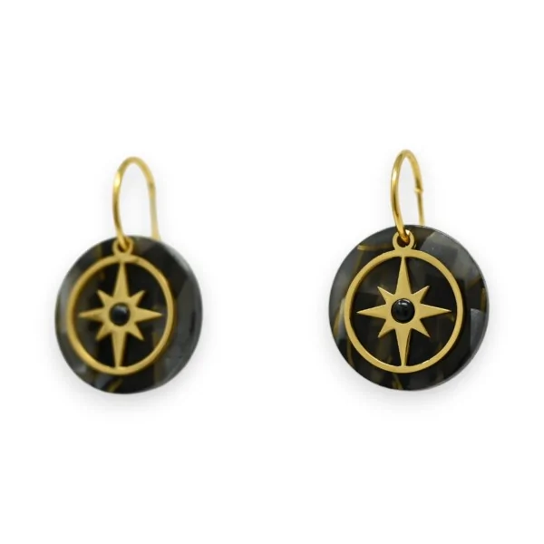 Gold-plated steel earrings with round black charm and gold star