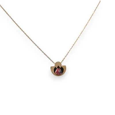 Rose gold-plated steel necklace with geometric shape and marbled pink design