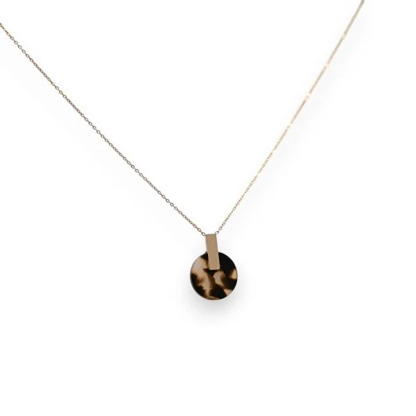 Rose gold-plated steel necklace with round pendant featuring beige and black speckled pattern with translucent effect