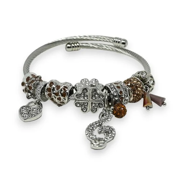 Pulsera rígida de dijes plateada y marrón con clave de sol