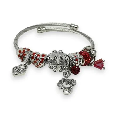 Silver and red rigid charm bracelet with treble clef