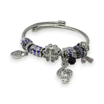 Silver and light purple rigid charm bracelet with treble clef