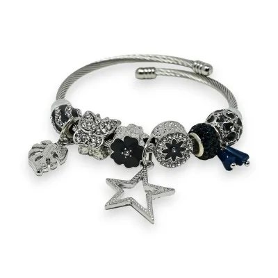Pulsera rígida de dijes plateada y azul marino con estrella de estrás