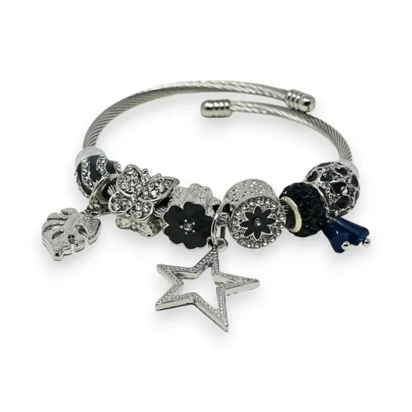 Bracelete charms rígido prateado e azul marinho estrela de strass