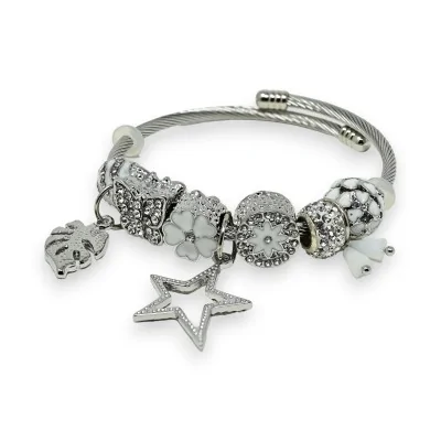 Bracelete rígido de berloques prateado e branco com estrela de strass