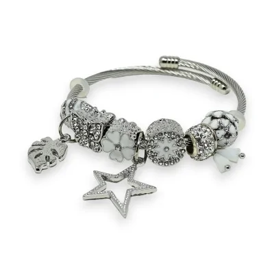 Bracelete rígido de berloques prateado e branco com estrela de strass