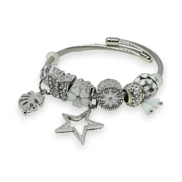 Rigid silver and white charm bracelet with rhinestone star