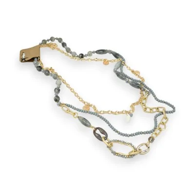 Multi-strand long statement necklace in gold and grey