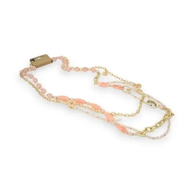 Colar longo fantasia multi camadas dourado e rosa claro