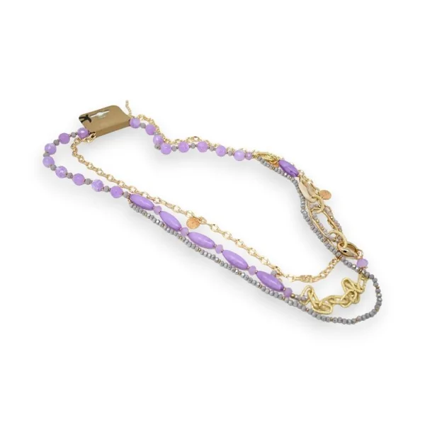 Colar longo fantasia multifios dourado e lilás