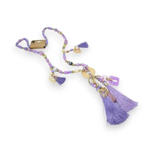 Collana lunga fantasia lilla con medaglione dorato e ciondoli