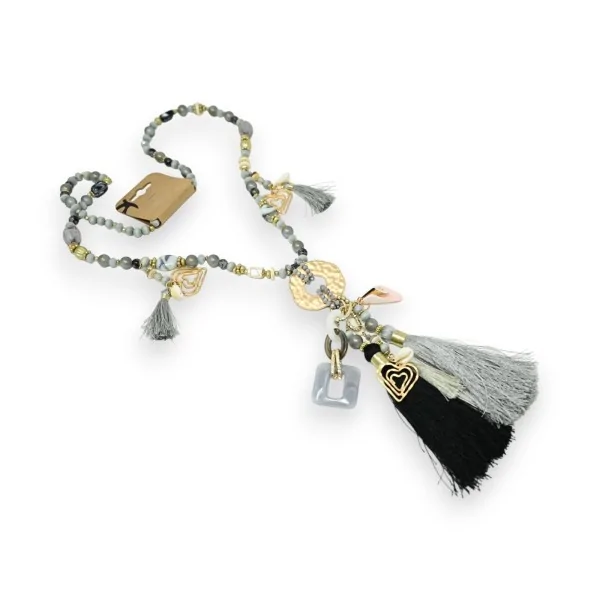 Lange graue und schwarze Modekette mit goldenem Medaillon und Anhängern