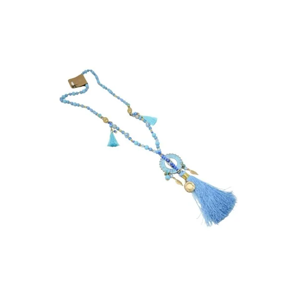 Long fantasy necklace in shades of blue with round medallion and tassel