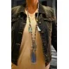 Collier Sautoir Bohème Bleu avec Médaillon et Pompons | Mode Tendance