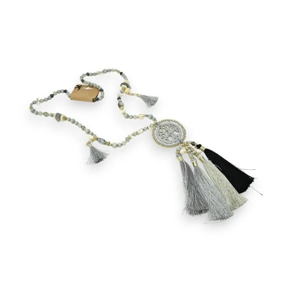 Grey fantasy long necklace with tree of life pendant and tassel