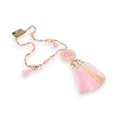 Colar comprido de fantasia rosa com medalhão árvore da vida
