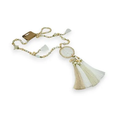 Long beige and white fantasy necklace with tree of life pendant