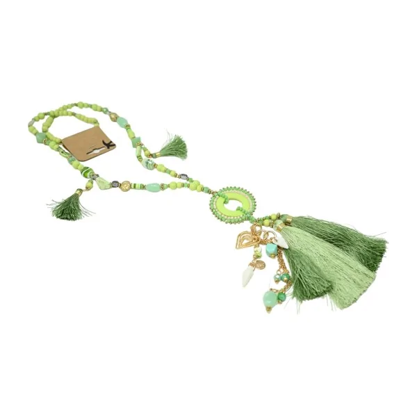 Long fantasy necklace in shades of green with round medallion, tassels and charms