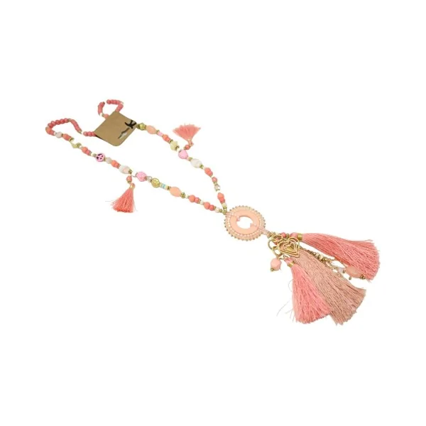 Collana lunga fantasia sfumature rosa con medaglione rotondo, nappine e ciondoli