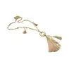 Collana lunga fantasia sfumature beige con medaglione rotondo, nappine e ciondoli