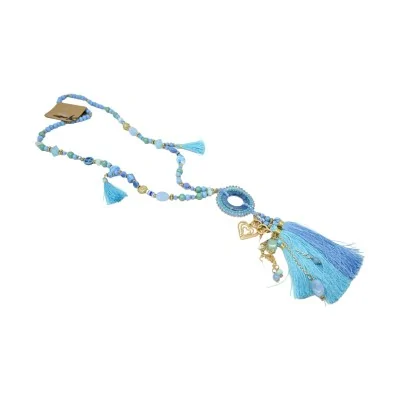 Long fancy necklace in blue shades with round medallion, tassel and charms