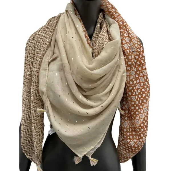 Pañuelo de 4 lados patchwork en tonos beige y naranja