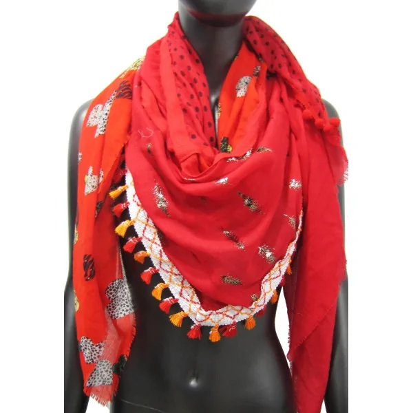 Pañuelo de 4 caras patchwork rojo corazón y pluma