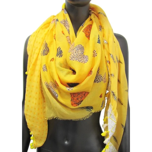 Yellow patchwork scarf with heart and feather design, 4 sides
