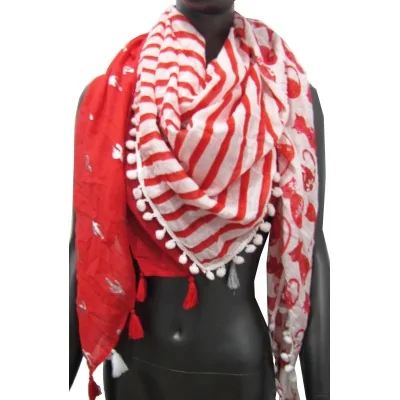Red 4-sided scarf with patchwork, sailor stripes and cat design