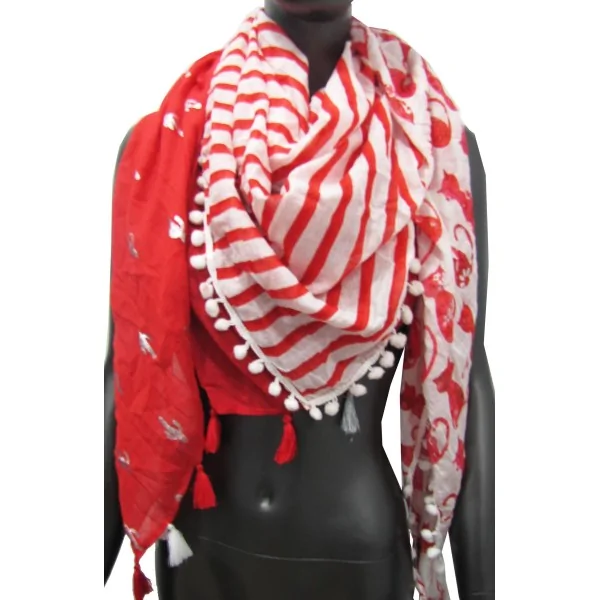 Foulard 4 lati rosso patchwork a righe marinare e gatto