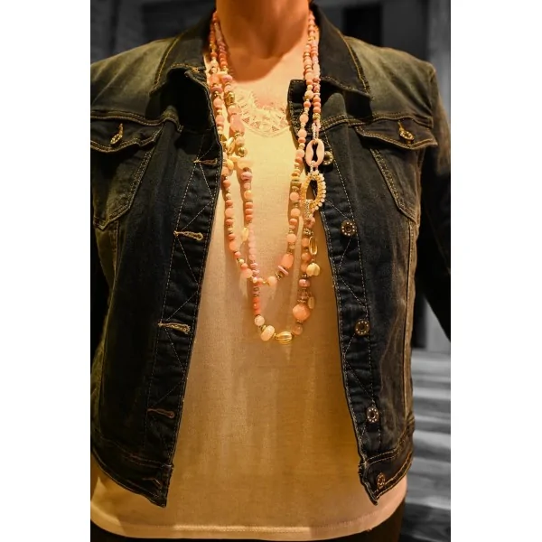 Collier sautoir 2 rangs nuances rose perles et pierres