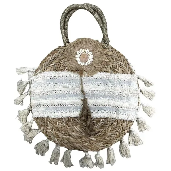 Borsa Cestino rotondo con pizzo e pompon in stile Bohémien