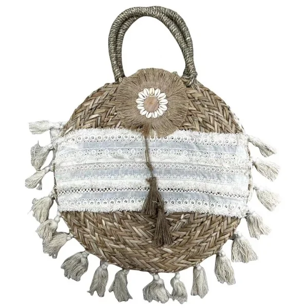 Borsa Cestino rotondo con pizzo e pompon in stile Bohémien