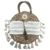 Bolsa redonda de palha com renda e pompons Boêmia