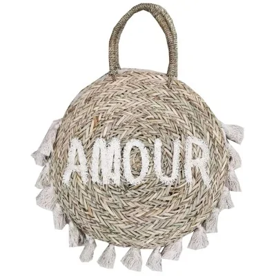 Runde Korbtasche Amour mit Pompons