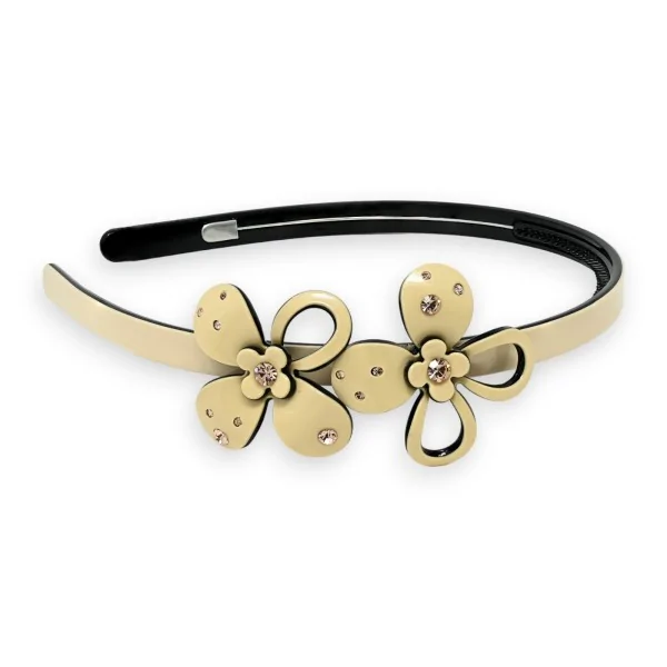 Tiara de resina bege com 2 pequenas flores e strass