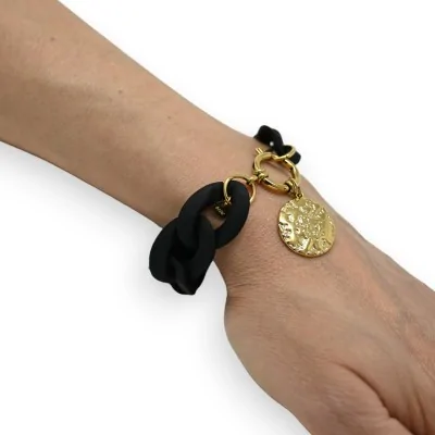 Black bracelet with large resin chain and gold medallion