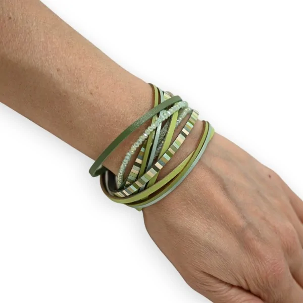 Pulseira dupla volta em tons de verde e pérolas