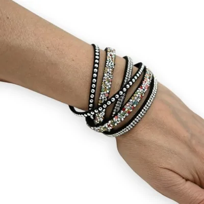 Pulseira dupla volta preta com strass multicolorido